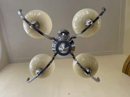 Plafondlamp Verchroomd 4 arms met gele schalen Art Deco jaren 30 - Afbeelding 2