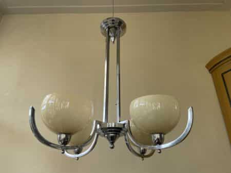 Plafondlamp Verchroomd 4 arms met gele schalen Art Deco jaren 30