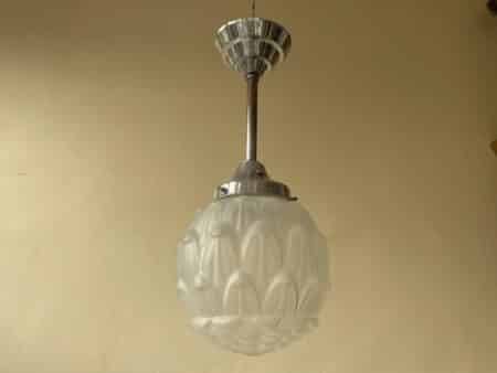 Lamp Matglazen Bol Art Verchroomde Pendel Deco jaren 30 - Afbeelding 8